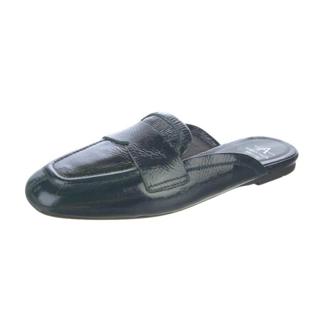 Aquatalia Dark Green Patent Leather Square Toe Mule Slide Loafers Size 6.5 - Picture 2 of 6